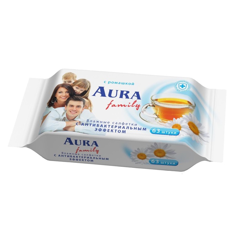 Салфетки влажные AURA для рук, антибактериальные, 63 шт. в упак