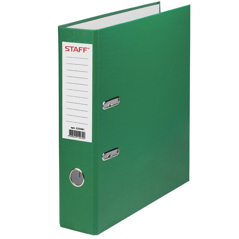 Папка-регистратор STAFF 225981, ПВХ, 70 мм, А4, зеленая