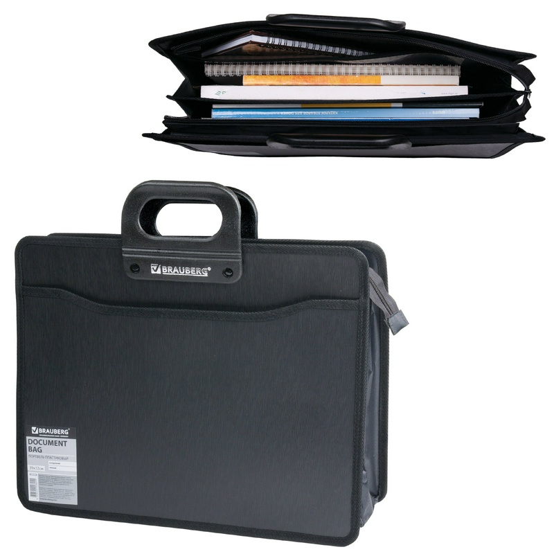 Папка-портфель пластиковая BRAUBERG А4+ 221391, (390х320х120 мм), 4 отделения, фактура под дерево, черная