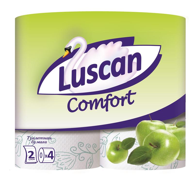 Бумага туалетная Luscan Comfort 2 слойная, зеленая с тиснением, с ароматом яблока, 4 рул. упак