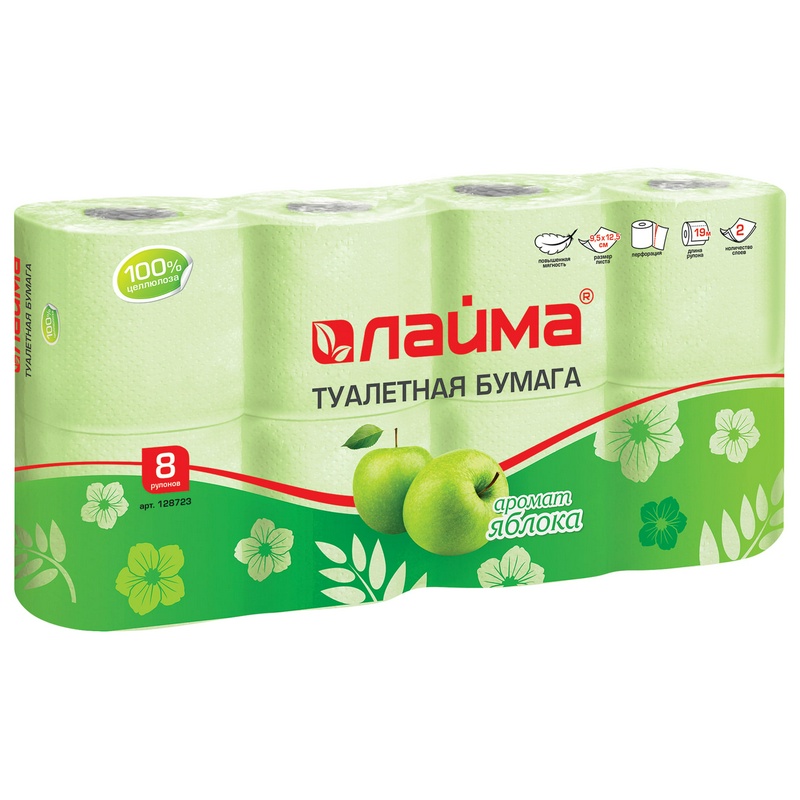 Бумага туалетная ЛАЙМА 128723 2-слойная, 8 рулонов, тиснение, салатовая, аромат яблока