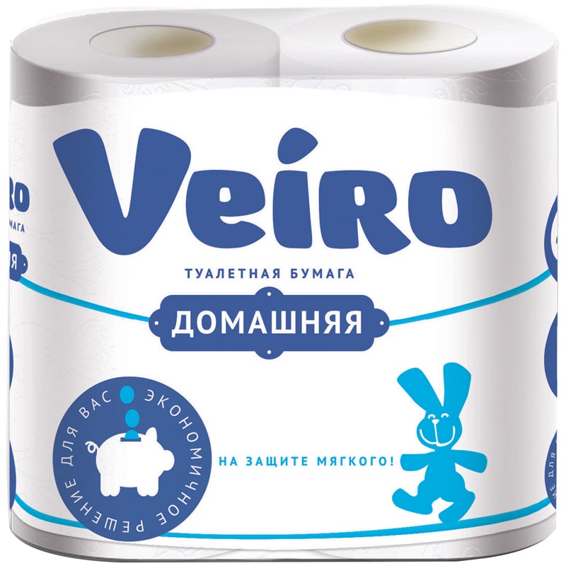Бумага туалетная Veiro "Домашняя" 1С24, 2-слойная, белая с тиснением, 4 рулона
