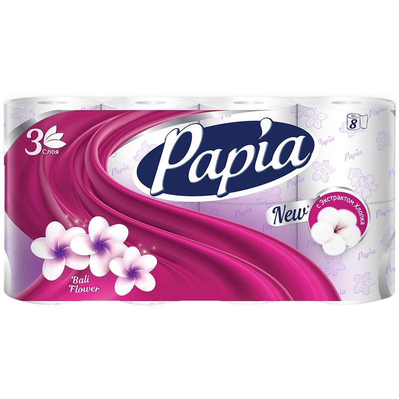 Бумага туалетная Papia "Балийский Цветок", 3-слойная, 8шт., ароматизир., тиснение, белая