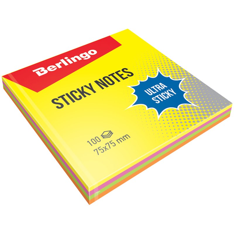 Cтикеры для записей с клеевым краем Berlingo Ultra Sticky LSn_39602, 75х75 мм, 4 неоновых цвета, 100 л