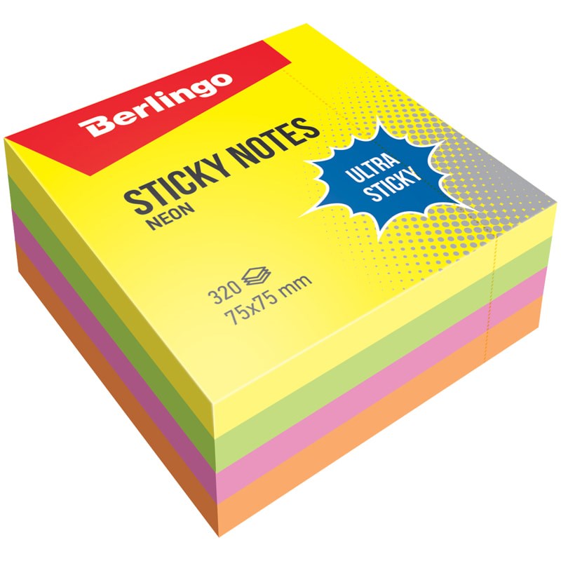 Cтикеры Berlingo Ultra Sticky LSn_40002, 75х75 мм, 4 неоновых цвета, 320 л