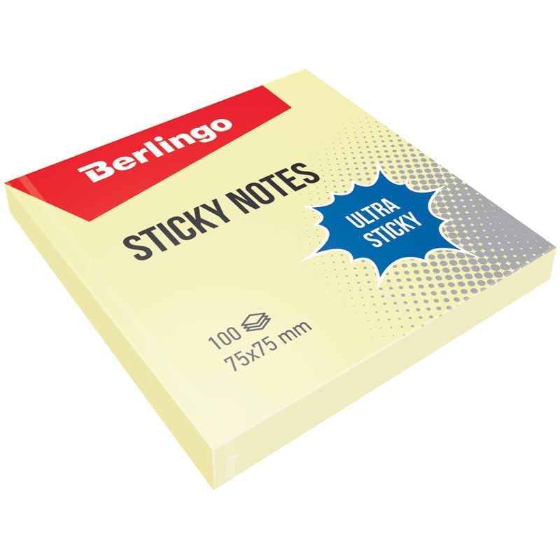 Cтикеры для записей с клеевым краем Berlingo "Ultra Sticky" LSn_39100, 75х75 мм, 100 л, пастель, желтый