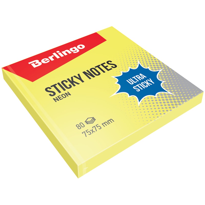 Cтикеры для записей с клеевым краем Berlingo "Ultra Sticky" LSn_39200, 75х75 мм, 80 л, желтый неон