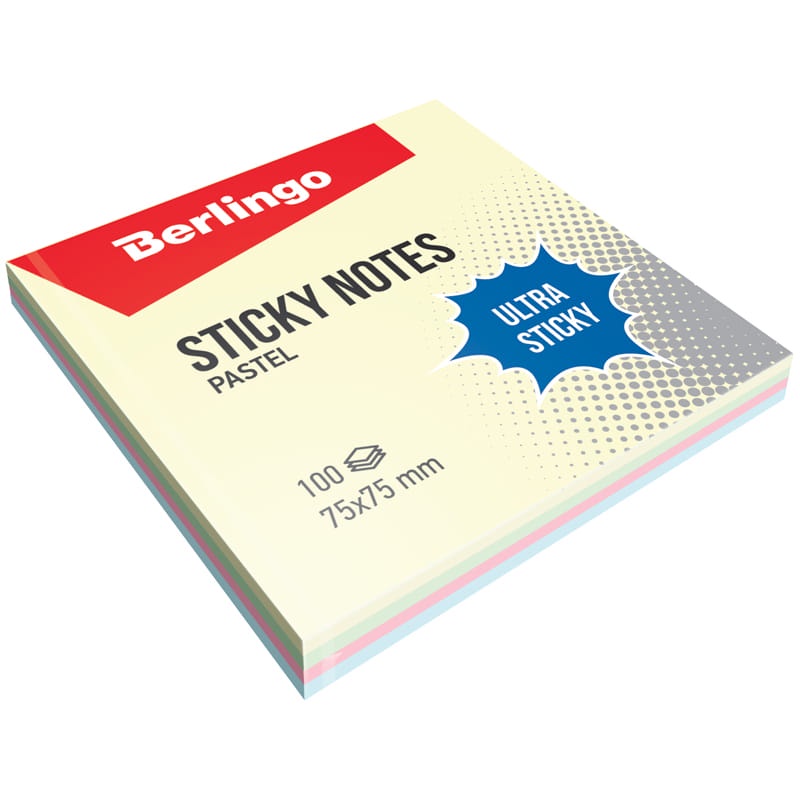 Cтикеры для записей с клеевым краем Berlingo "Ultra Sticky" LSn_39601, 75х75 мм, 4 пастельных цвета, 100 л