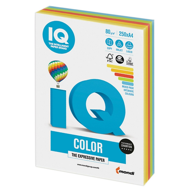 Набор цветной бумаги IQ Color А4, 80 г/м.кв, 250 л. 5 цв. по 50 л. Цвета: CY39, SY40, CO44, MA42, АВ48