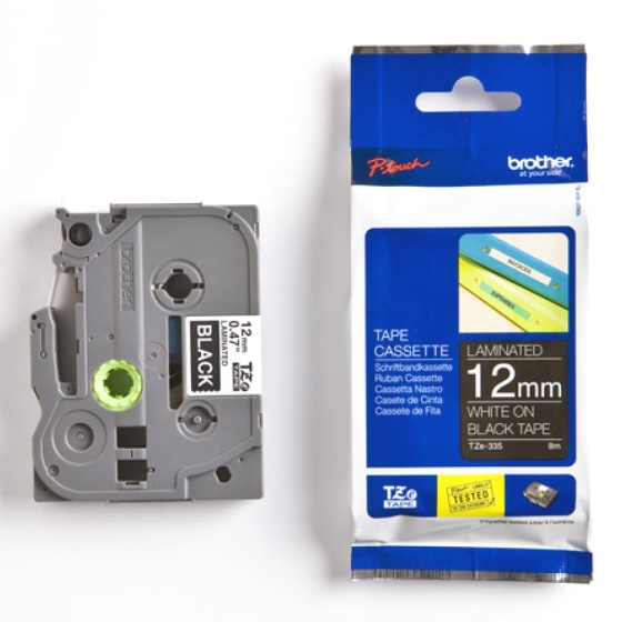 Картридж Brother TZ-335 12 мм х 8 м, пластик, белый текст на черном фоне.