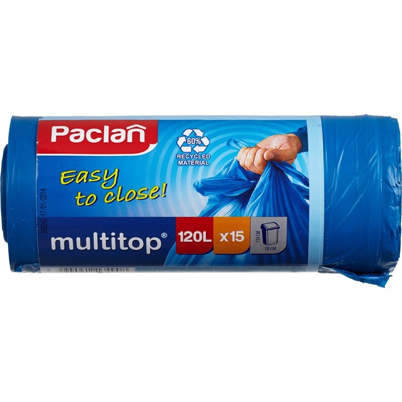 Пакеты для мусора с завязками Paclan MULTI-TOP, 120 л, 70х120 см, синий, 25 мкм, 15 шт