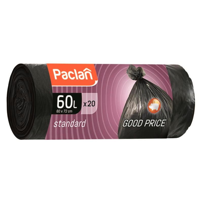 Пакеты для мусора Paclan STANDART, 60 л, 60х70 см, черный, 7.4 мкм, 20 шт