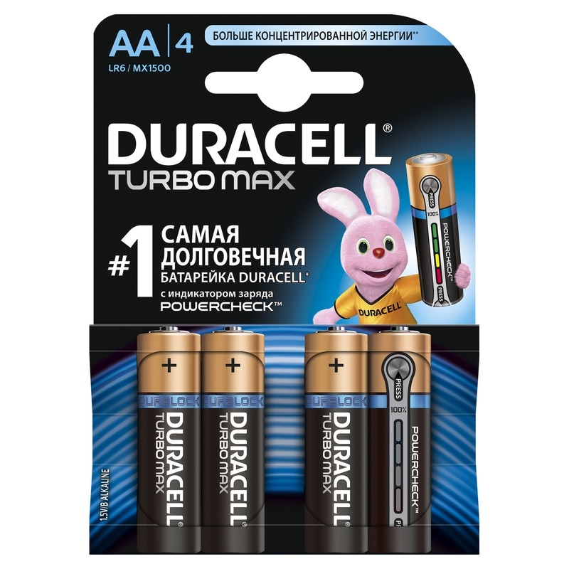 Батарейки Duracell Turbo Max Alkaline LR6 MX1500 BP4 A316 AA, 1,5V 4 шт