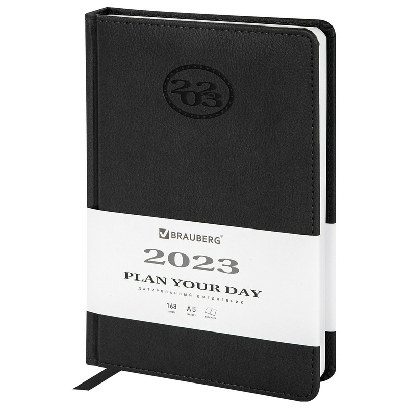 Ежедневник датированный 2023 А5 138x213 мм BRAUBERG "Favorite", под кожу, черный, 114006