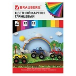 Картон цветной BRAUBERG "Гонки" 129916, мелованный, 12 листов 12 цветов, А4, 200х290 мм