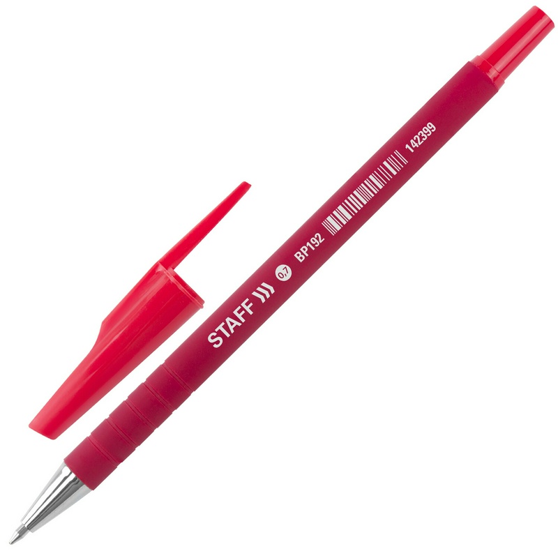 Ручка шариковая STAFF "EVERYDAY", КРАСНАЯ, корпус прорезиненный красный, узел 0,7 мм, линия письма 0,35 мм, 142399