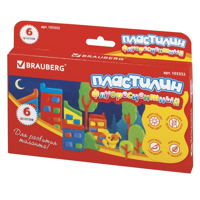 Пластилин флуоресцентный BRAUBERG 6 цв., 90 г, со стеком, картонная упаковка, 103352