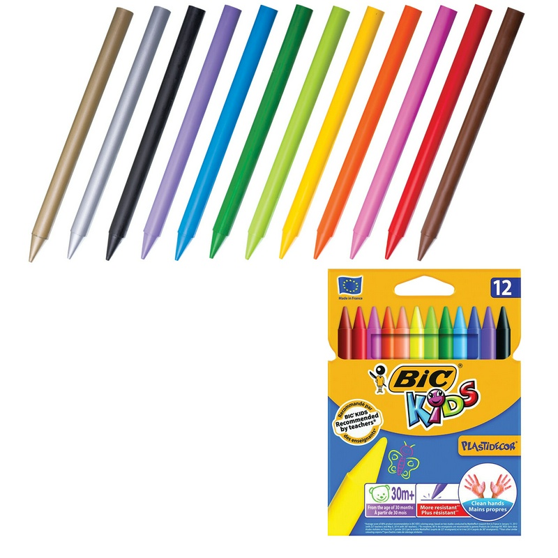 Мелки пластиковые BIC "Plastidecor", 12 цветов, ультрапрочные, круглые, картонная упаковка, подвес, 945764