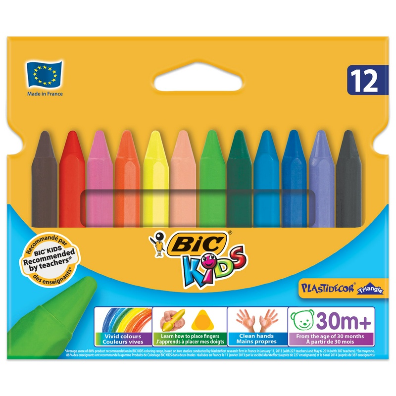 Мелки пластиковые утолщенные BIC "Plastidecor", 12 цветов, трехгранные, картонная упаковка, подвес, 829773