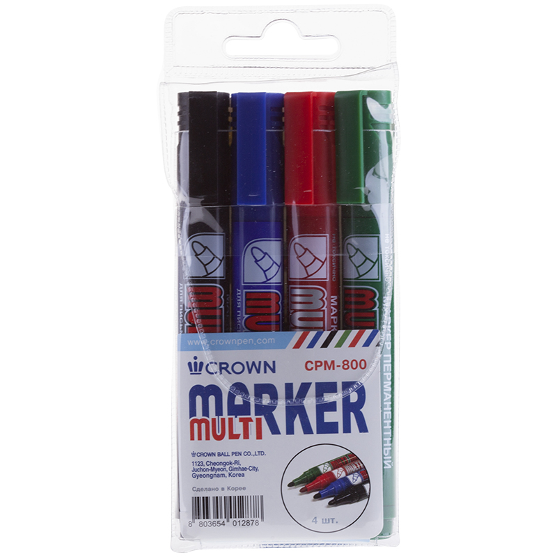 Набор перманентных маркеров Crown Multi Marker 4 цв, пулевидный, 3 мм