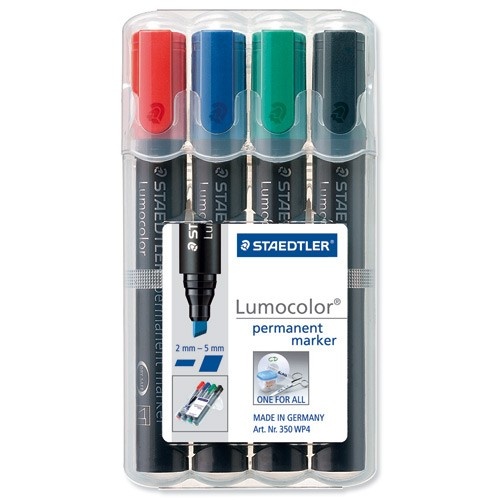 Набор перманентных маркеров Staedtler Lumocolor Permanent 350 WP4, 4 цвета 2-5 мм, скошенный наконечник.