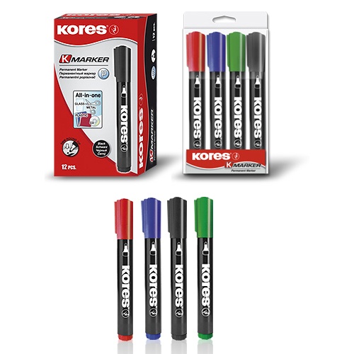Набор маркеров KORES 20943 перманентный, цвет: черный, красный, синий, зеленый, 1-3 мм