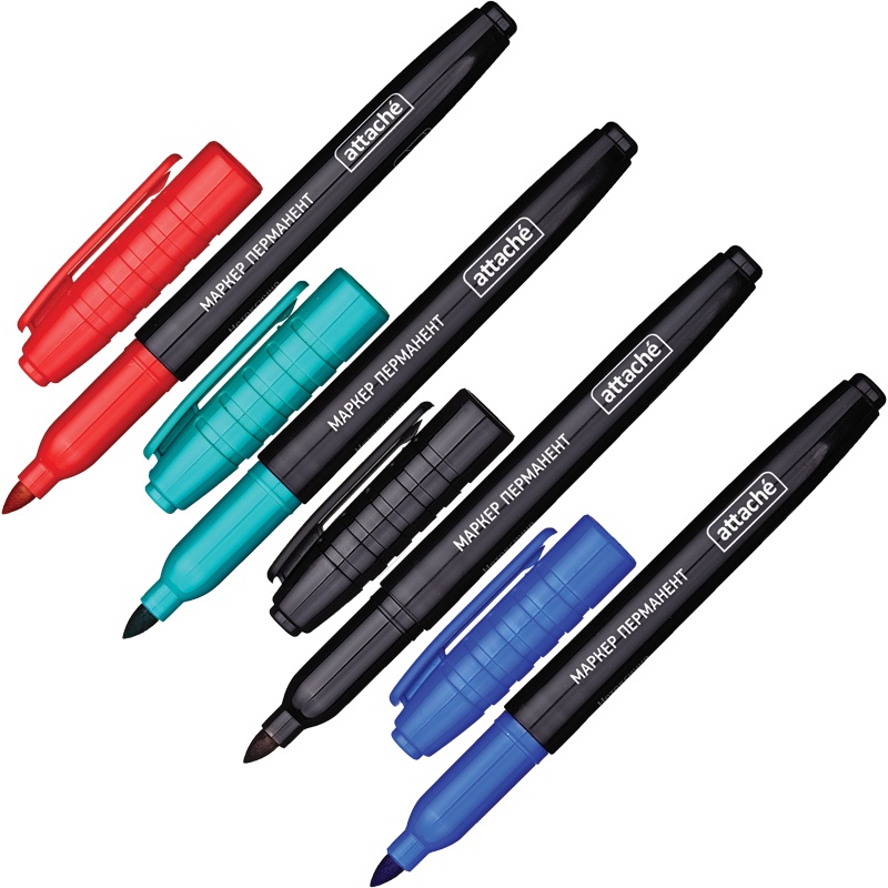 Набор маркеров Attache перманентный, цвет: черный, красный, синий, зеленый, 1,5-3 мм