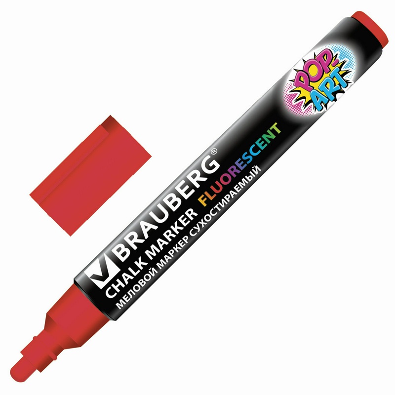 Маркер меловой BRAUBERG POP-ART 151529, сухостираемый, для гладких поверхностей, 5 мм, красный