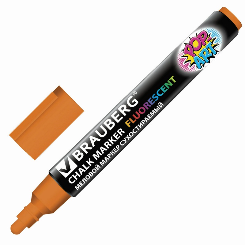 Маркер меловой BRAUBERG POP-ART 151531, сухостираемый, для гладких поверхностей, 5 мм, оранжевый