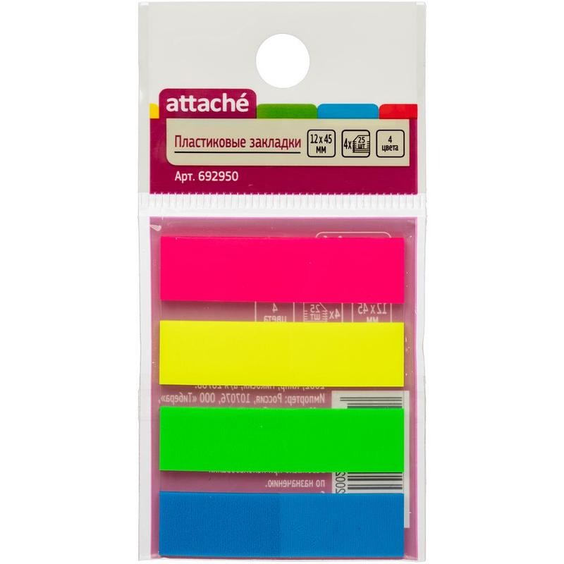 Клейкие закладки Attache пластиковые, 4 цвета по 25 л, 12х45 мм