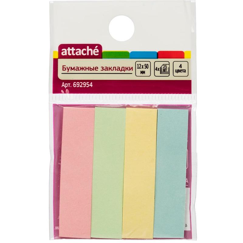 Клейкие закладки Attache, бумажные 4 цвета по 25 л, 12х50 мм