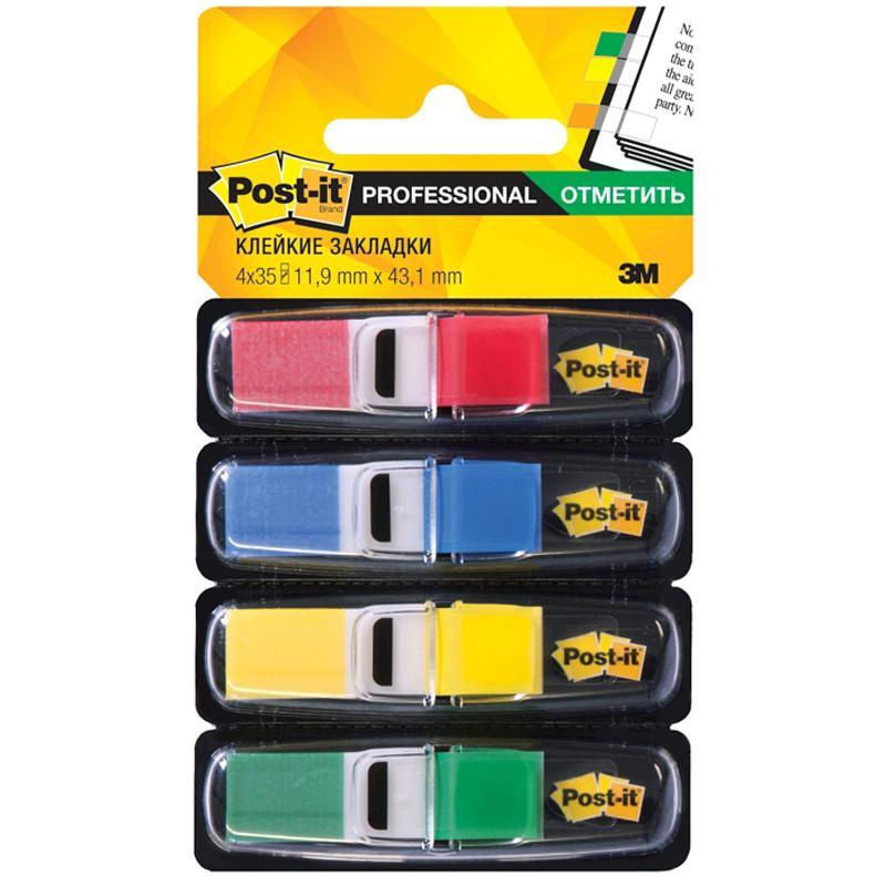 Клейкие закладки Post-it пластиковые 4 цвета по 35 листов 11.9x43.1 мм в диспенсерах