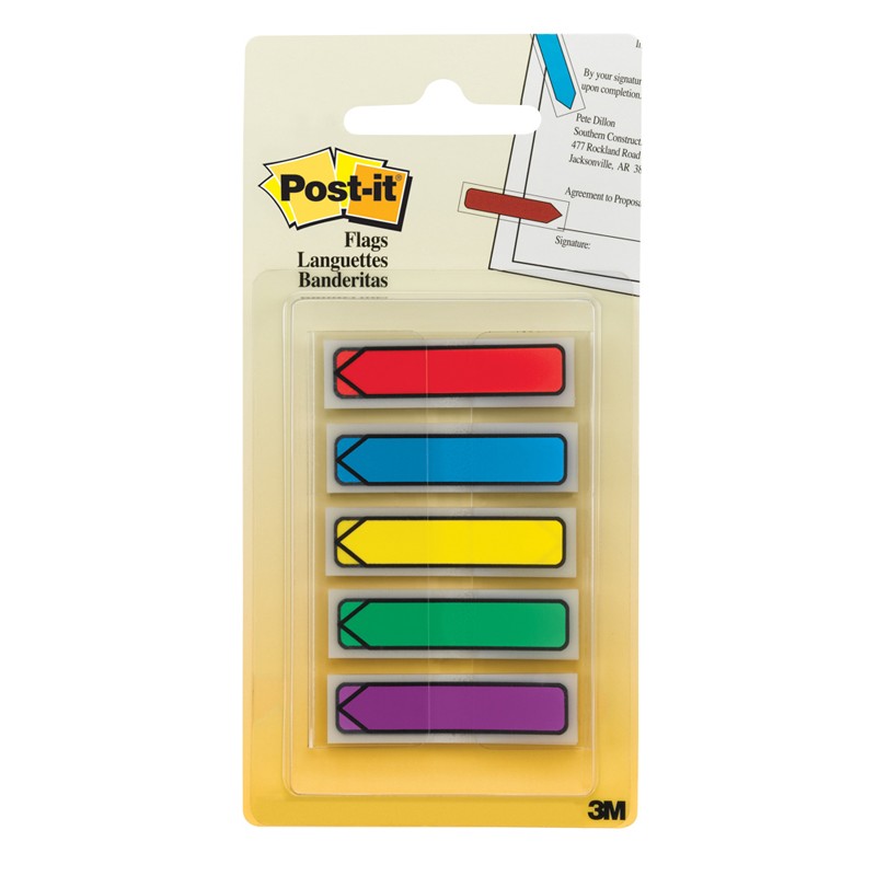 Клейкие закладки Post-it пластиковые 5 цв. по 20 л. в форме стрелки 11.9x43.2 мм в диспенсере
