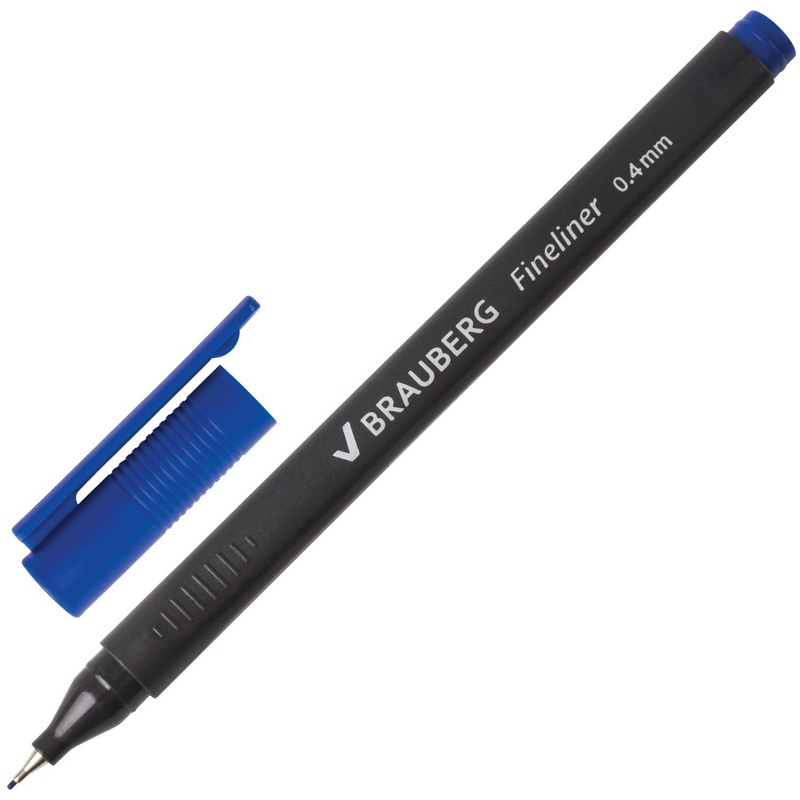 Ручка капиллярная линер BRAUBERG "Carbon", синяя, металлический наконечник, трехгранная, линия письма 0,4 мм, 141522