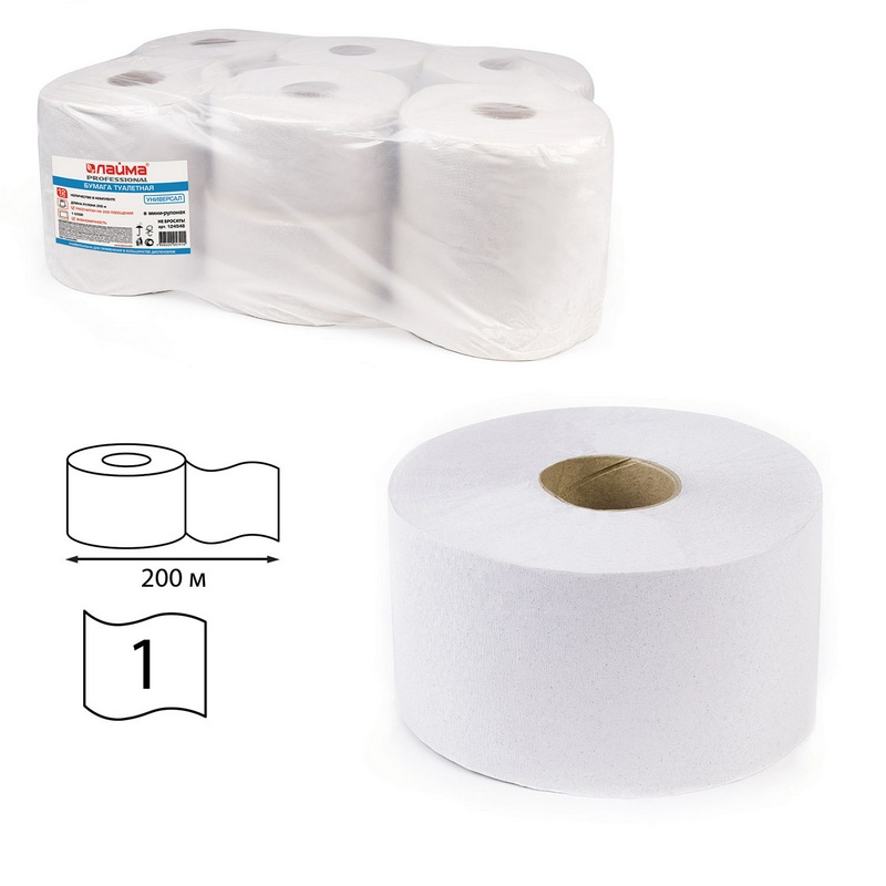 Бумага туалетная ЛАЙМА 124546, однослойная, 200 м. рул, тиснение, белая, 12 рул в упак