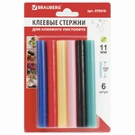 Клеевые стержни BRAUBERG 670316, диаметр 11 мм, длина 100 мм, 6 штук, ассорти