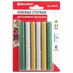 Клеевые стержни BRAUBERG 670320, диаметр 11 мм, длина 100 мм, 6 штук, ассорти, с блестками