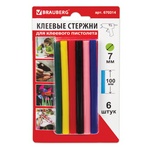 Клеевые стержни, диаметр 7 мм, длина 100 мм, цветные (ассорти), комплект 6 штук, BRAUBERG, блистер, …