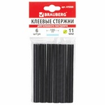 Клеевые стержни, диаметр 11 мм, длина 100 мм, черные, комплект 6 штук, BRAUBERG, европодвес, 670308