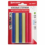 Клеевые стержни, диаметр 11 мм, длина 100 мм, цветные (ассорти), КОМПЛЕКТ 12 штук, 6 цветов, BRAUBER…