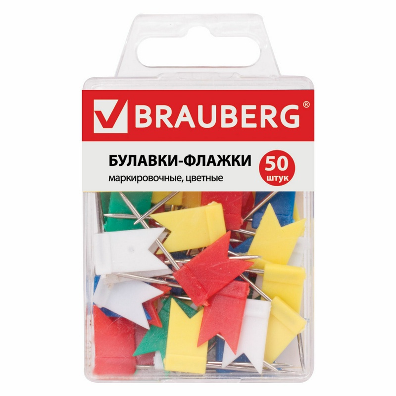 Булавки-флажки маркировочные BRAUBERG 221537, цветные, 50 шт