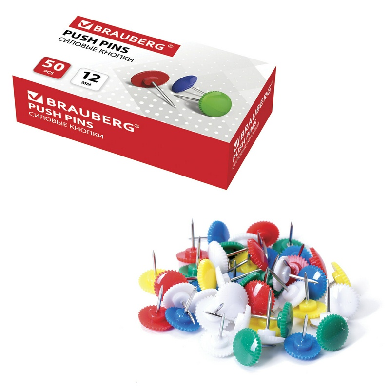 Силовые кнопки BRAUBERG, цветные, круглые, 12 мм, 50 шт., в картонной коробке, 224771