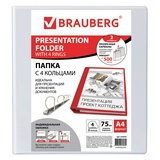 Папка на 4 кольцах с передним прозрачным карманом BRAUBERG, картон/ПВХ, 75 мм, белая, до 500 листов, 223535