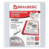 Папка на 4 кольцах с передним прозрачным карманом BRAUBERG, картон/ПВХ, 75 мм, белая, до 500 листов, 223535