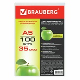 Файл-вкладыш А5 с перфорацией BRAUBERG 223085, 35 мкм, 100 шт упак, горизонтальный, гладкий